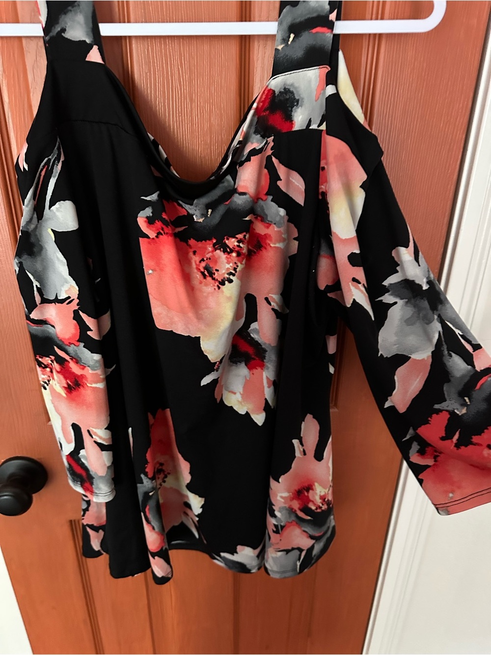 Dress Barn Black Floral Cold-Shoulder Tunic with Coral and Gray Accents